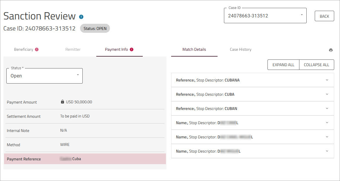 Sanction Review Payment Info tab